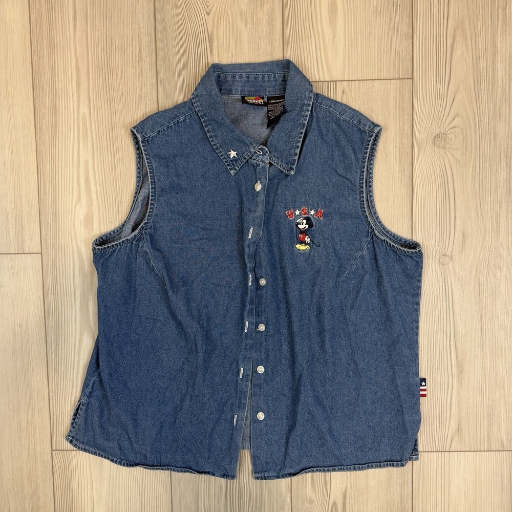 Vintage Mickey Mouse Unlimited‎ Shirt Womens Large Denim Sleeveless Button USA